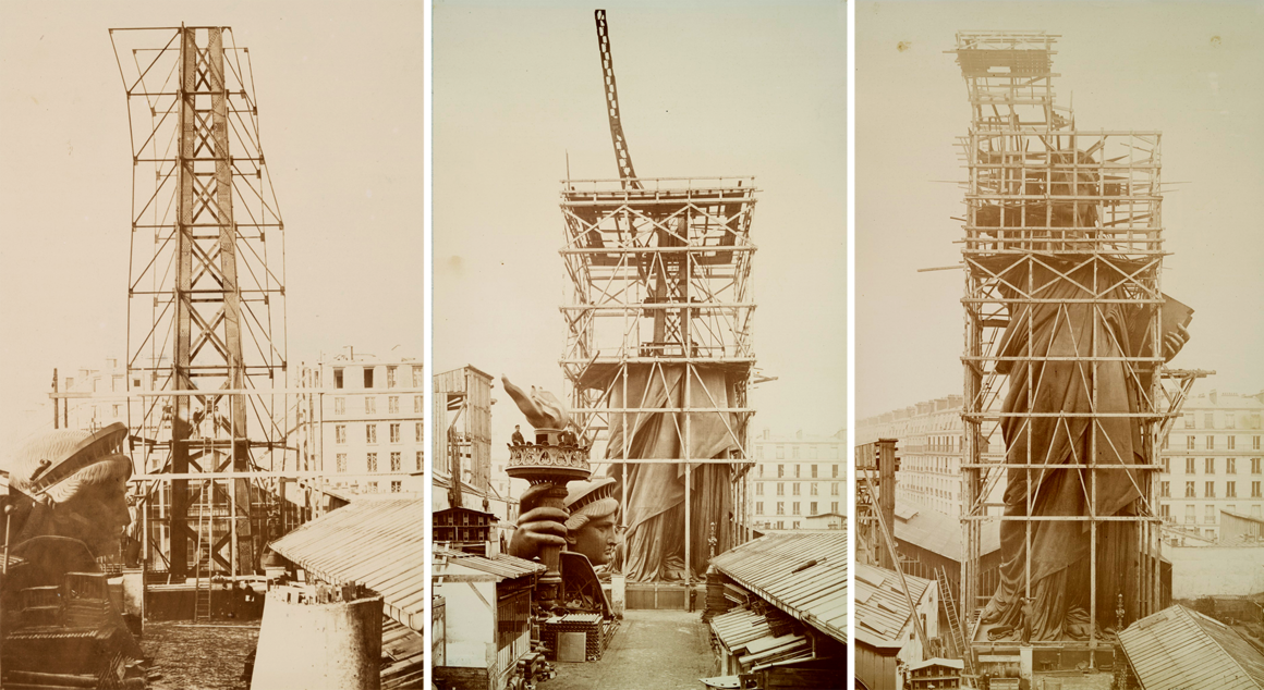 Scaffolding for the trial assemblage of the Statue of Liberty—in Paris. Her head and torch are visible at the bottom left and center images. 