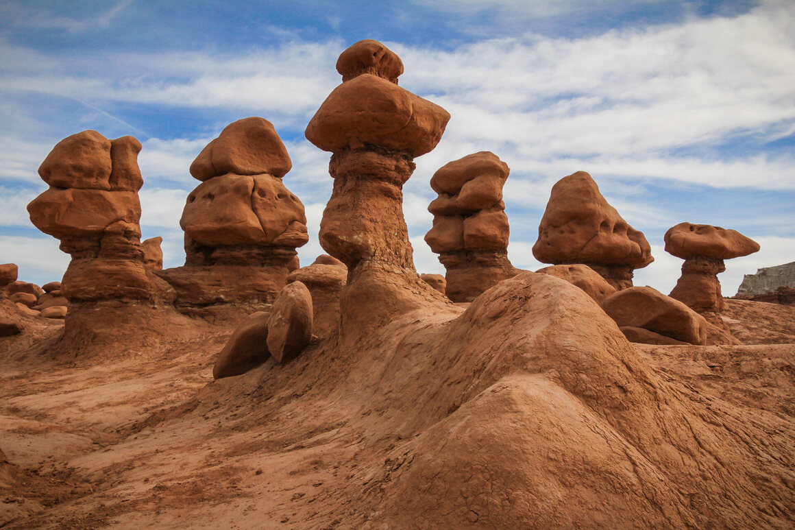 A row of hoodoos at Goblin Valley State Park, Utah. (Please leave them alone.)