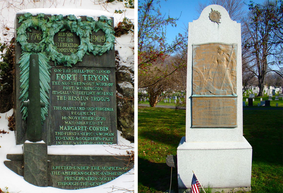 At left, another monument that pays homage to Margaret Corbin, near the site where she took over her husband's cannon; at right, a view of her monument at West Point.