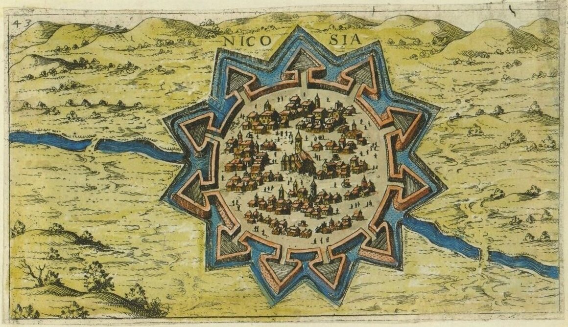 A 1597 map of Nicosia that Giacomo Franco, of Venice, created for his book <em>Viaggio da Venetia a Constantinopoli per Mare</em>.