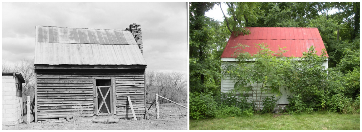 A slave cabin at the Green Hill Plantation in Campbell County, Virginia, in 1933 and in 2014.