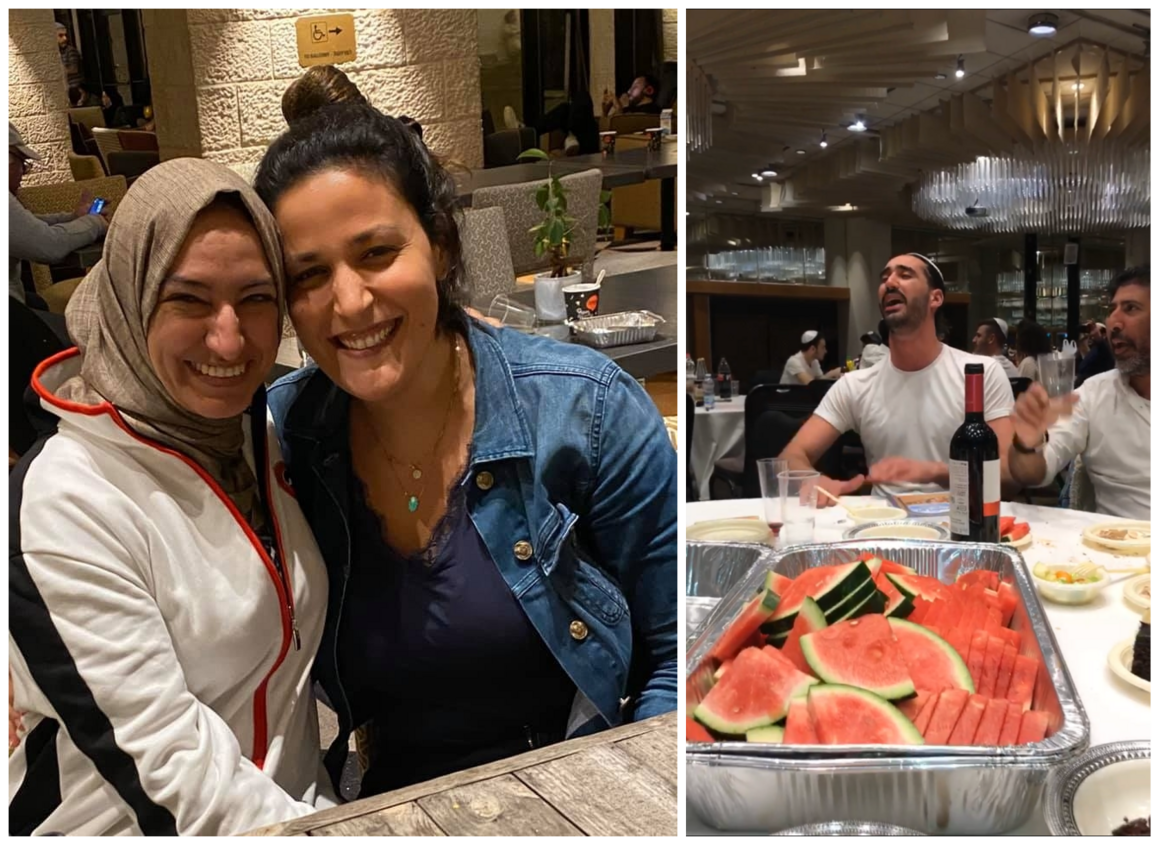 Shuster-Eliassi poses with her friend Rafa (left); people of all backgrounds celebrated Passover with watermelon and wine (right).