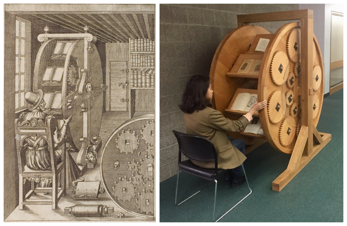 An illustration from the Ramelli's 1588 book <em>Le diverse et artificiose machine</em> (left). The finished, 600-pound bookwheel, complete with books (right).