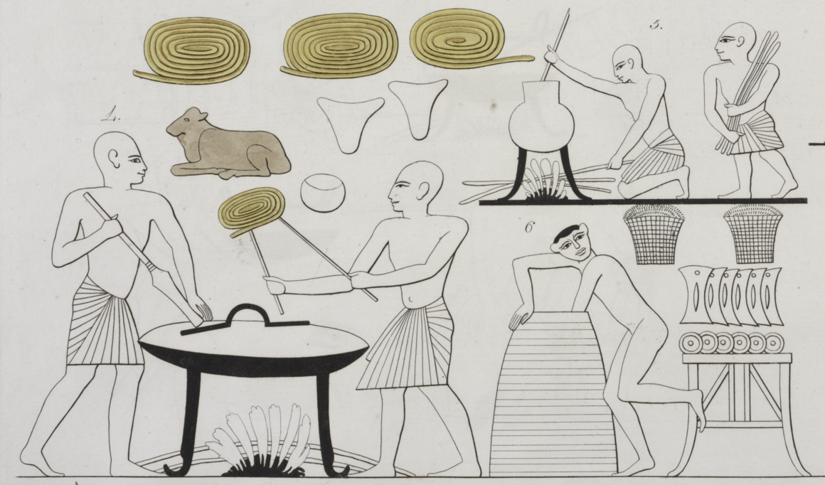 This detail of a painting from the tomb of Ramses III shows workers preparing spirals of emmer wheat bread.