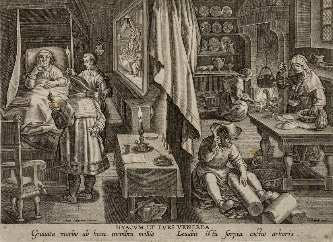 The engraving depicts the labor that went into making the cure, from hacking away at the tree to boiling bits of it in water.