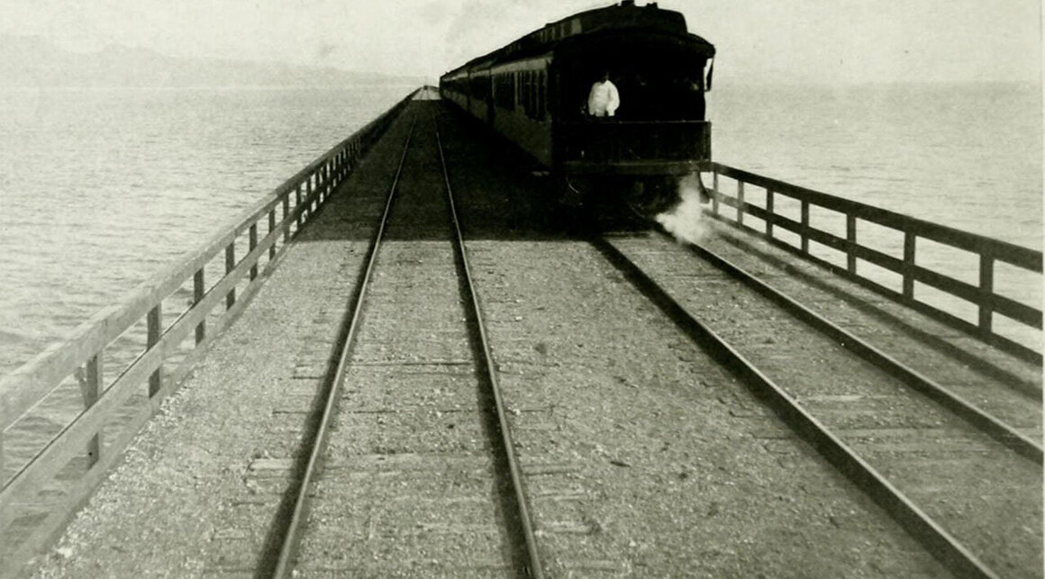 The Southern Pacific Railroad finished building the Lucin Cutoff—a 102-mile direct route from Lucin to Ogden, across the Great Salt Lake—in 1903. 