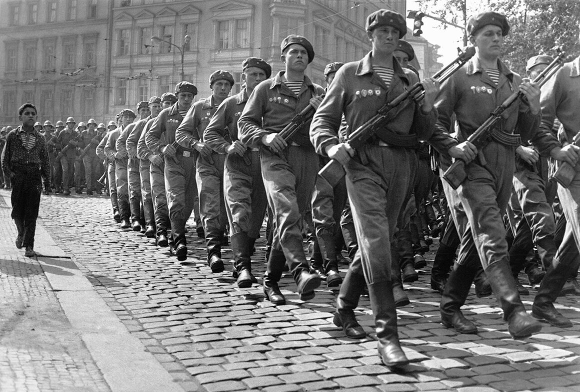 Soviet troops march through Prague in September 1968 to quash the democratic reforms instituted during the Prague Spring. 