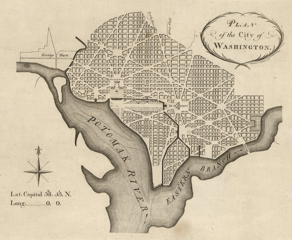 a L ' Enfant terv végleges változata Washington tervezésére, valószínűleg 1794-ben nyomtatva.'Enfant Plan for the design of Washington, probably printed in 1794. 