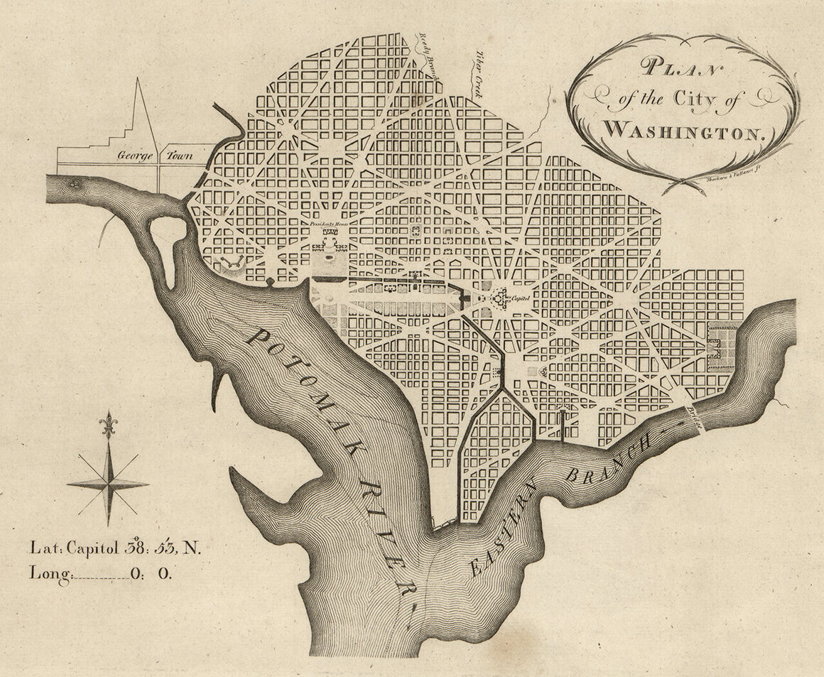 La versión final del Plan L'Enfant para el diseño de Washington, probablemente impreso en 1794.'Enfant Plan for the design of Washington, probably printed in 1794. 