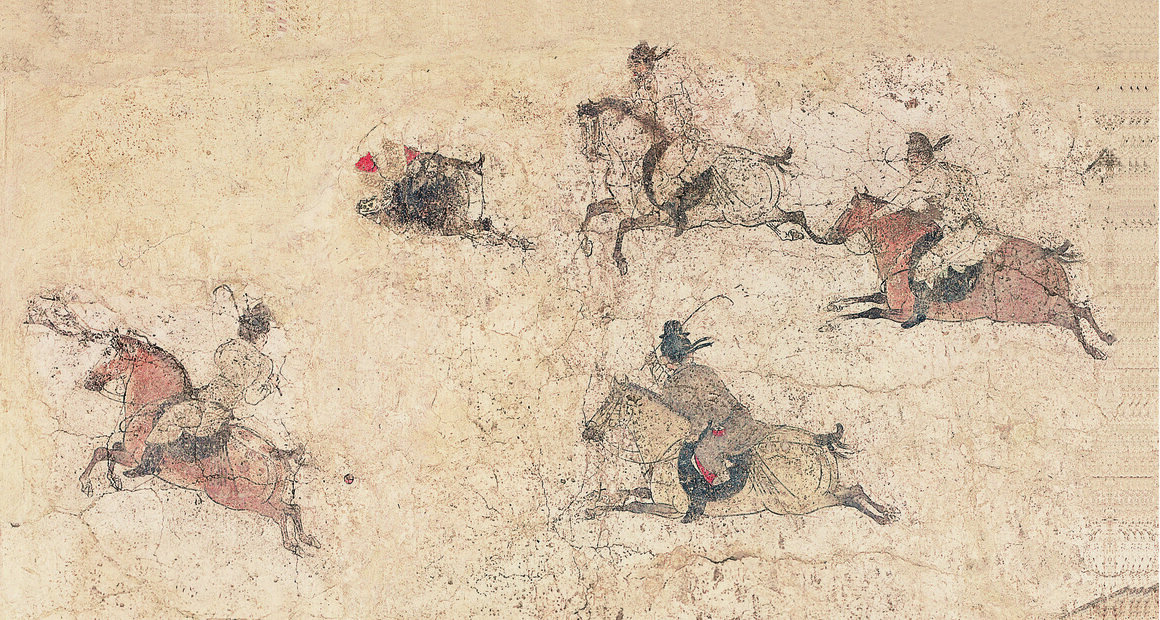 A Tang dynasty wall painting depicts horsemen playing a polo-style game. A similar sport may have been played at Yanghai.