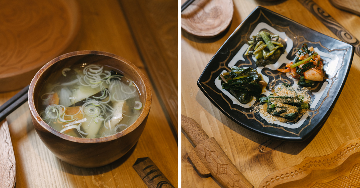 Ohaw (left) is a soup, once an Ainu staple, prepared with seasonal ingredients. At Harukor, it is made with wild vegetables and fish, usually salmon. The wild onion kitopiro (right), once widely consumed by the Ainu, prepared in four different ways.