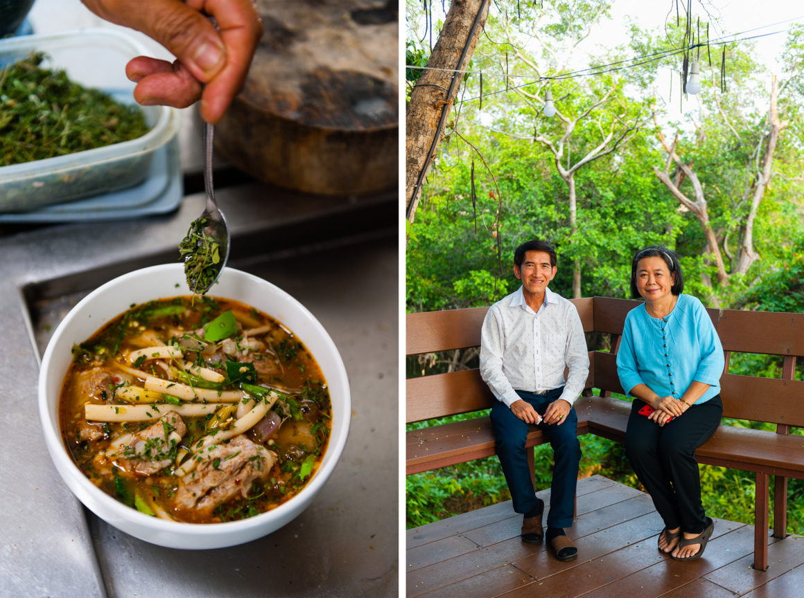 Garnishing a soup with dried marijuana leaves at Ban Lao Reung (left); Sombat Kowtraul, director, and Amara Akamanon, manager, both of Ban Lao Reung (right).