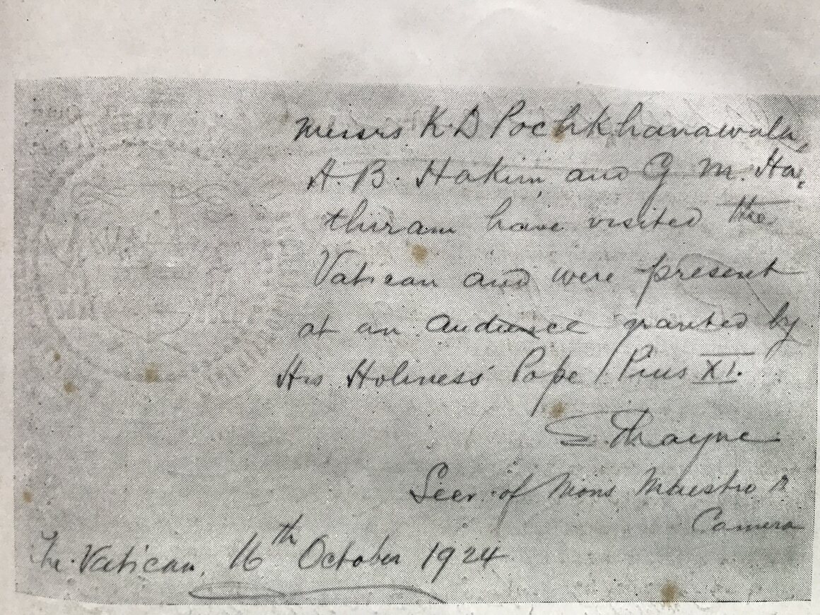 An embossed note testifies to the audience of the cyclists with Pope Pius XI. 