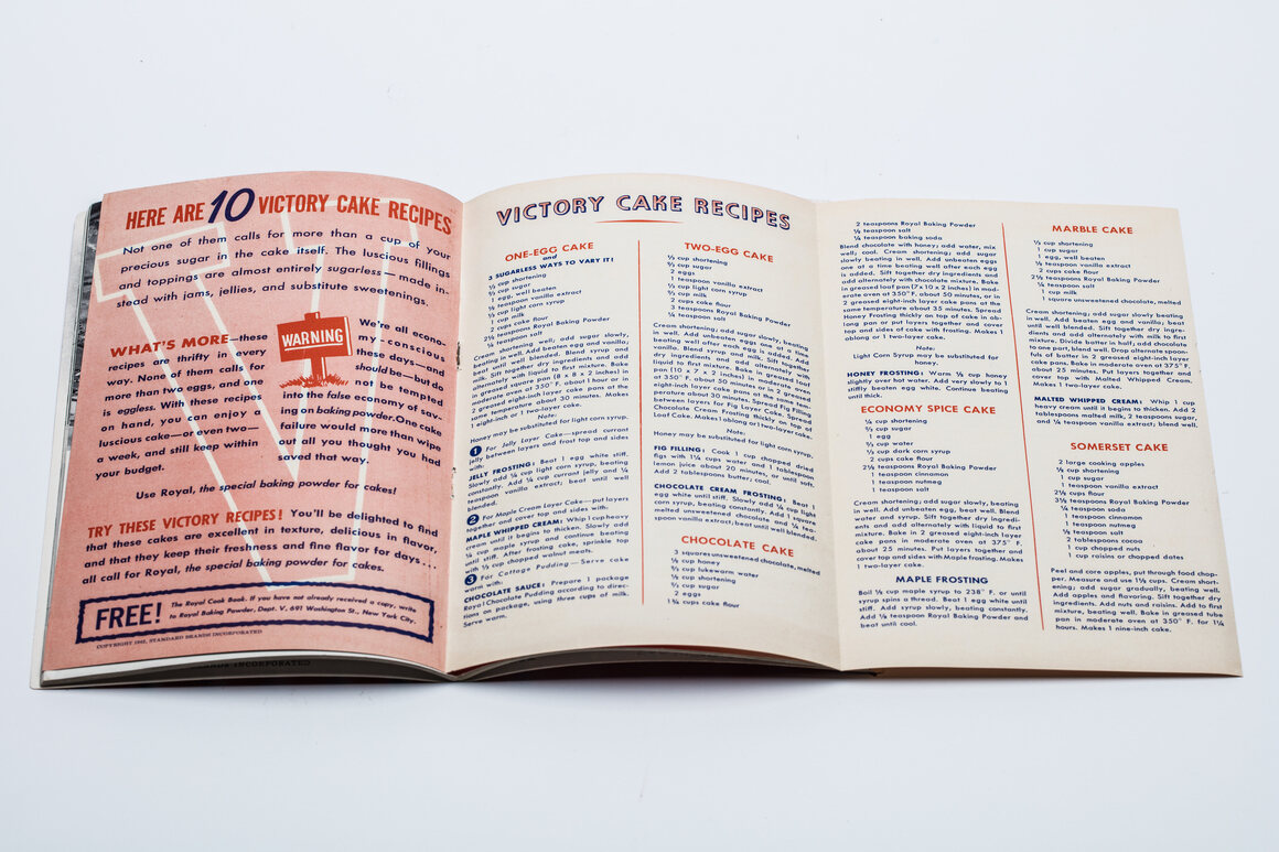 A vintage victory cake pamphlet offering 10 recipes that are "thrifty in every way."