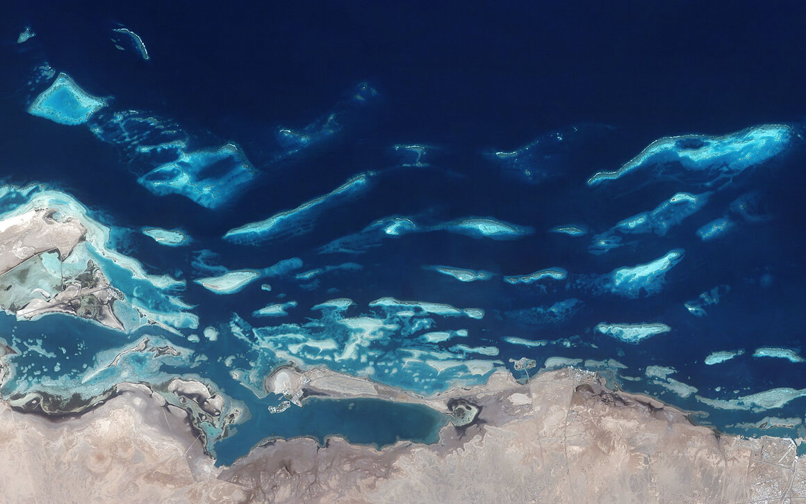 A satellite view of the Red Sea coast along Saudi Arabia.