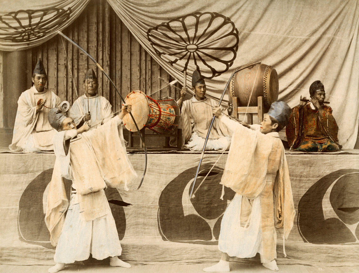 Shinto priests and musicians in the late 19th century; some scholars felt Western recording technology failed to capture the full experience of Japan's musical traditions.