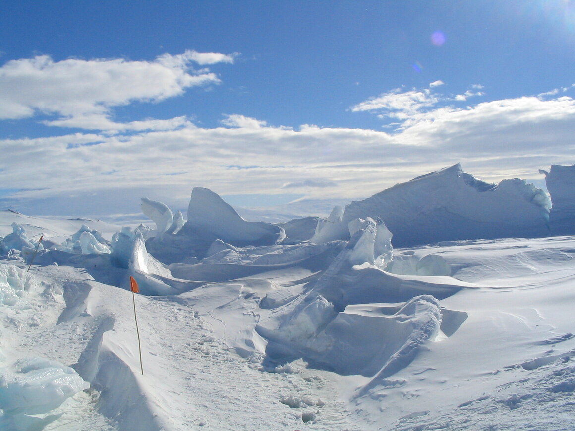 In spring, moving sea ice collides with the edge of the Ross Ice Shelf, creating towering ice formations known as pressure ridges.