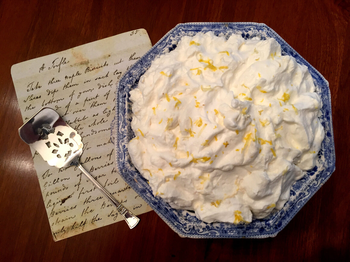 "A Trifle With Whipt Syllabub," adapted from <em>Martha Lloyd's Household Book</em> and styled by Julienne Gehrer. 