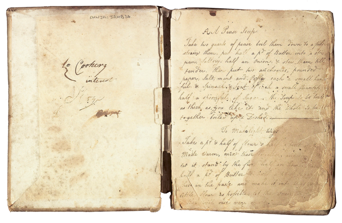 Martha Lloyd's recipe for "pease" soup and for "light wigs," a type of bun. In a letter, Jane Austen described sitting down to a dinner of "some pease-soup, a sparerib, and a pudding."