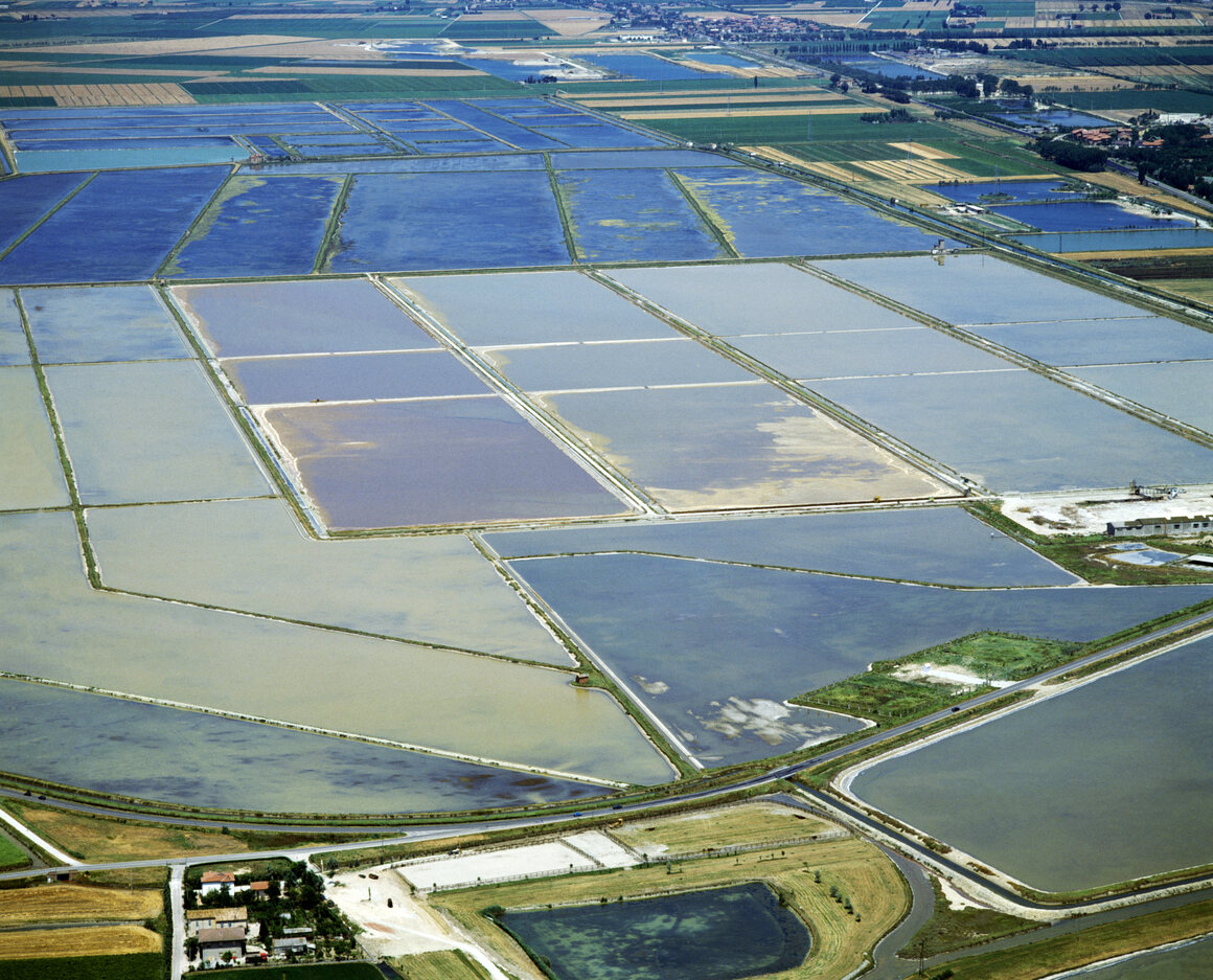 An aerial view of salt pans in Cervia, Emilia-Romagna, Italy.