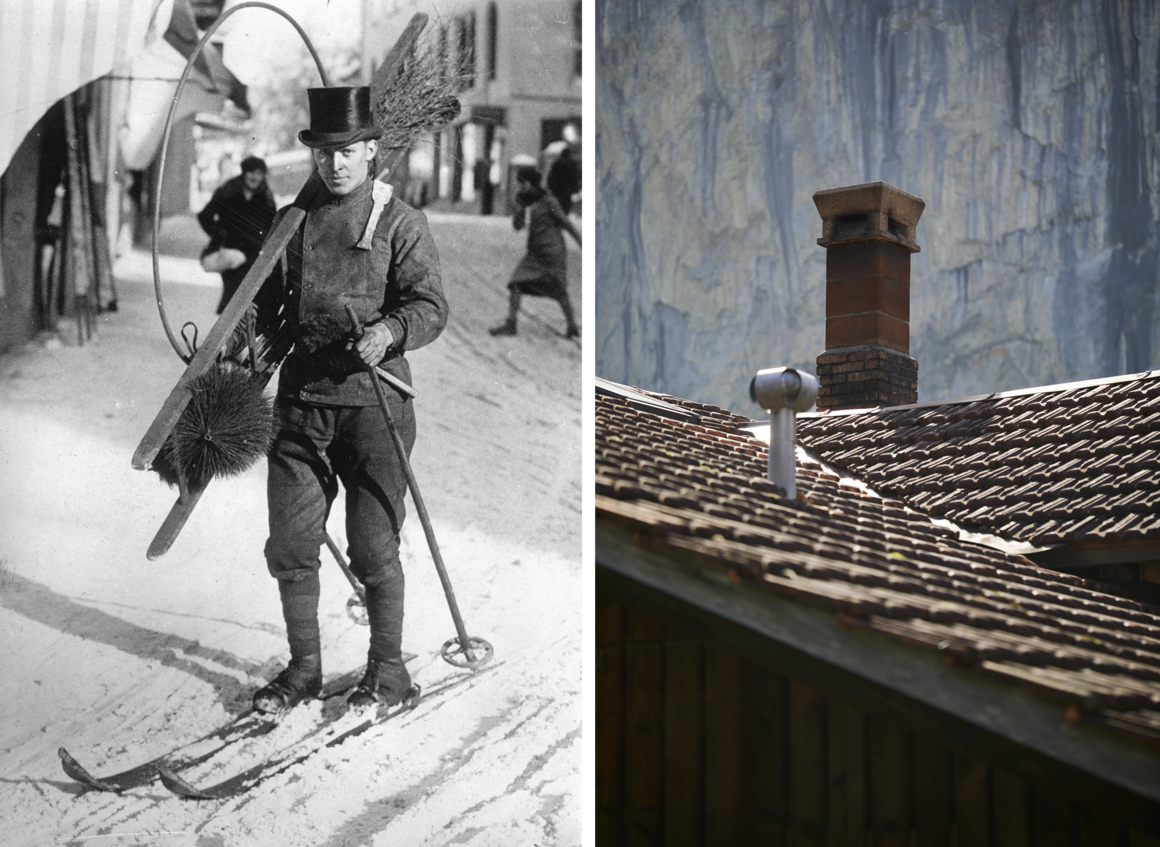 A Swiss chimney sweep in the traditional black top hat
          skis to work in St, Moritz, circa 1935 (left); the chimney
          sweeps who work on the rooftops of Lauterbrunnen today still
          dress in all-black uniforms but they no longer wear hats
          (right).