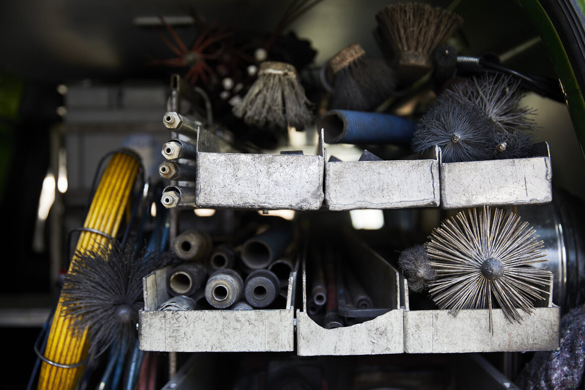 Brooms are no longer the primary tool in the chimney
          sweep's kit. Modern heating systems also require dust and
          water vacuums, steel brushes, and high-pressure cleaners. 