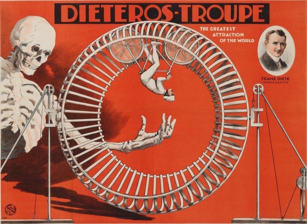 This poster depicts the cyclist Franz Diete riding upside down, within death's grasp.