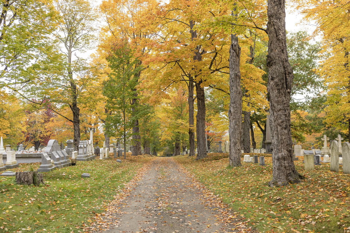 Hand-carved and machine-made gravestones stand side by side at Grove Cemetery in Belfast, Maine, which has been in operation since the 1830s.