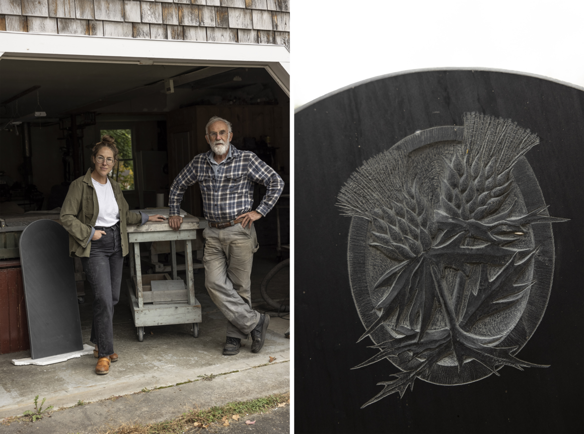 The process of hand-carving a gravestone is time-consuming. A single memorial can take 70 hours or more, and Sigrid Coffin and her father, Douglas Coffin, complete 15 to 20 each year.