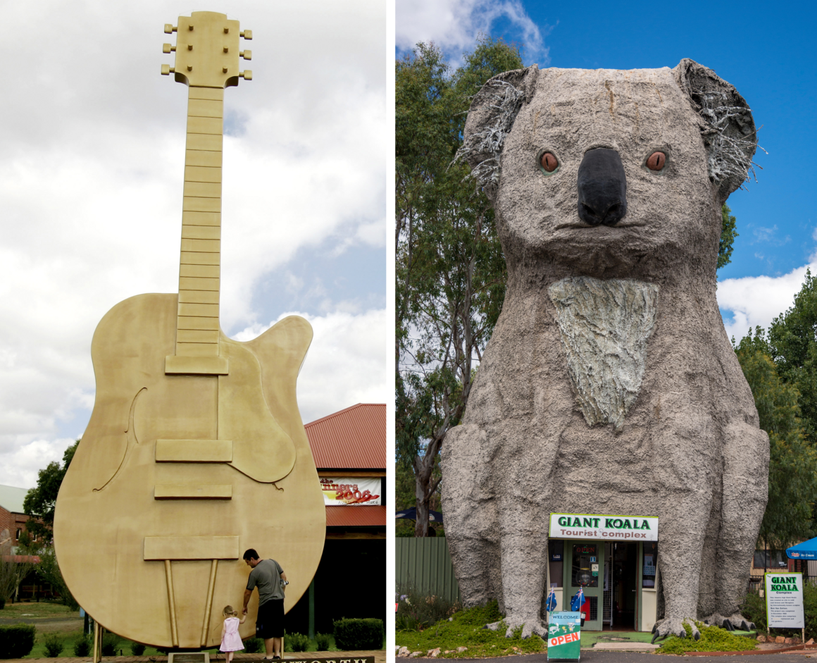 (à gauche) La Big Golden Guitar de Tamworth rend hommage aux Country Music Awards annuels d'Australie (à droite) Le koala géant de Dadswells Bridge est à la fois intimidant et apprécié.