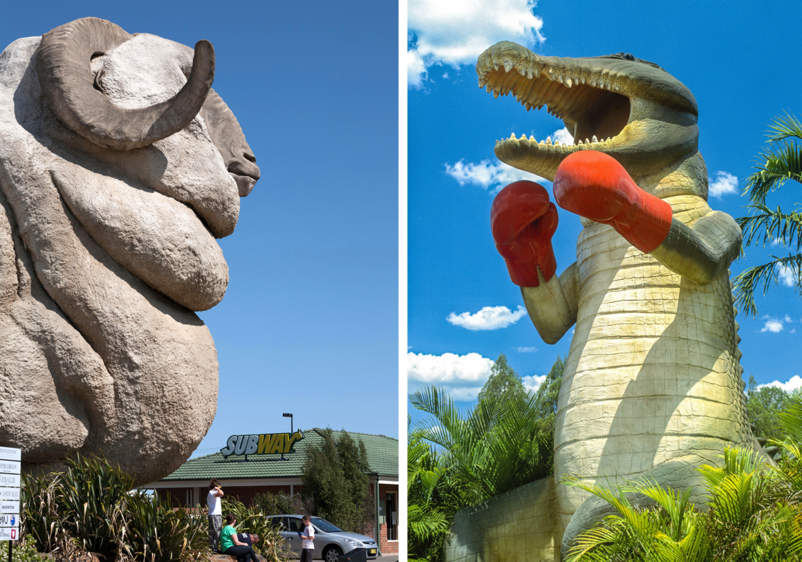 (à gauche) Le Big Merino, un bélier mérinos en béton de 50 pieds de haut surnommé Rambo, célèbre l'industrie de la laine de Goulburn.  (à droite) Le Big Boxing Croc, à Humpty Doo, n'est que l'une des nombreuses grandes statues de crocodile du pays.
