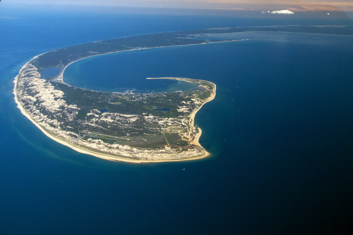 The outermost tip of Cape Cod hooks back toward the coastline. Photograph made possible by LightHawk.