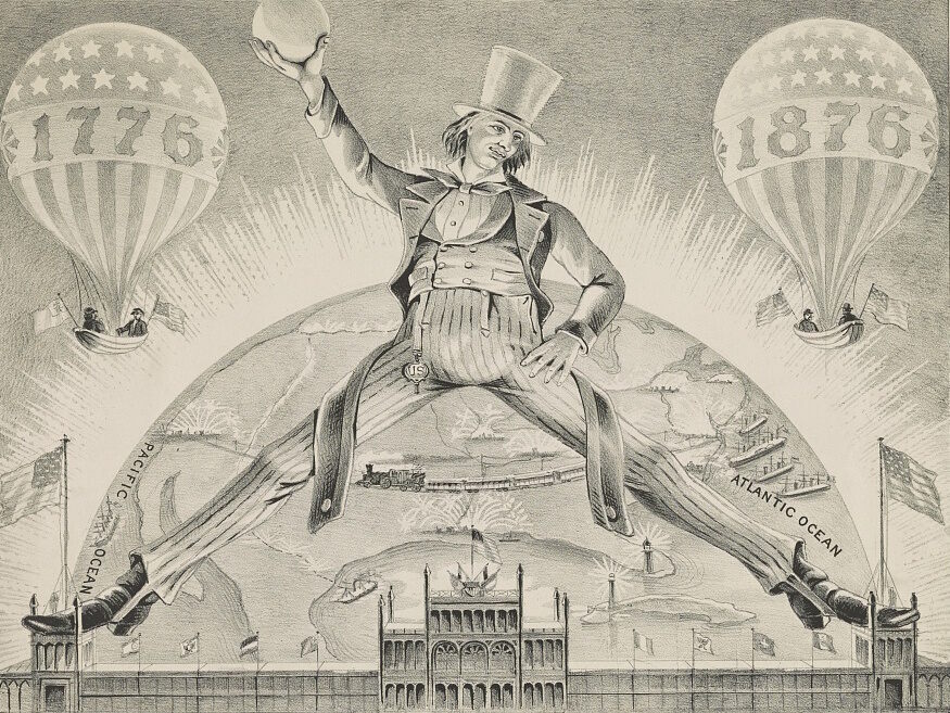 Brother Jonathan celebrates the American centenary by straddling the towers of the main building at the Philadelphia World's Fair of 1876.